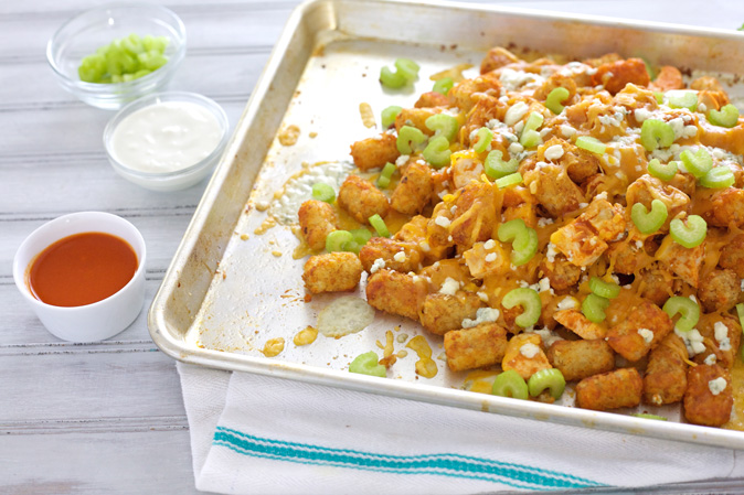 Buffalo Chicken Tater Tot Nachos | BourbonAndHoney.com