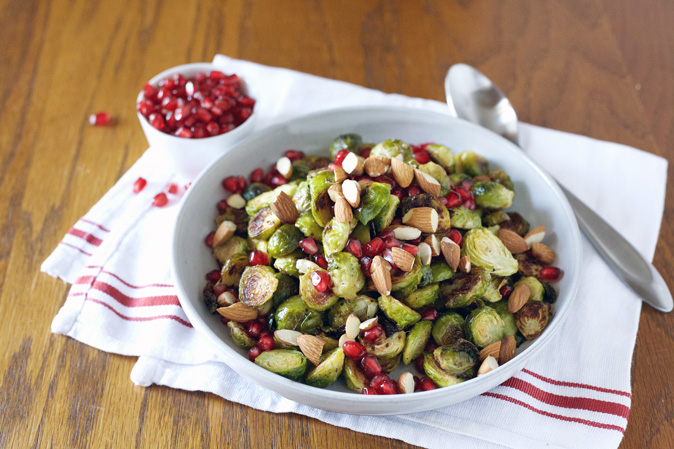 Roasted Brussels Sprouts with Pomegranate and Almonds | BourbonandHoney.com