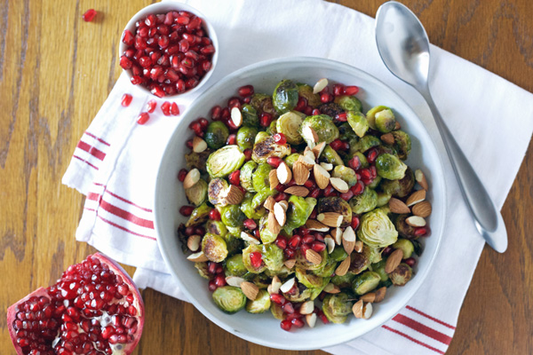Roasted Brussels Sprouts with Pomegranate and Almonds | BourbonandHoney.com