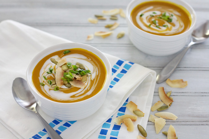 Slow Cooker Butternut Squash Soup with Coconut and Pepitas | BourbonandHoney.com