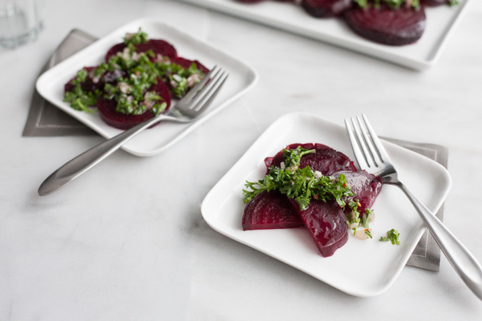 Roasted Beets with Chimichurri | BourbonandHoney.com -- A fresh Chimichurri brightens up the deep earthy flavor of the tender beets to create a flavorful side dish.