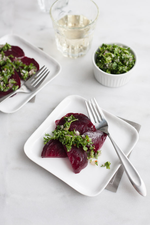 Roasted Beets with Chimichurri | BourbonandHoney.com -- A fresh Chimichurri brightens up the deep earthy flavor of the tender beets to create a flavorful side dish.