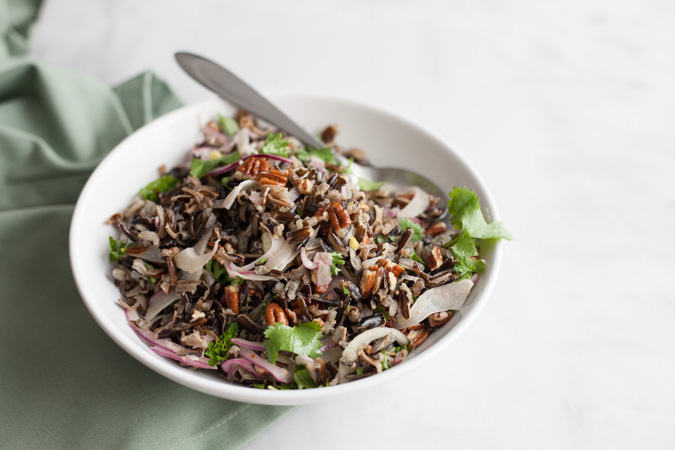 Wild Rice Salad with Pecans | BourbonandHoney.com -- This hearty wild rice salad is nutty, citrusy, fresh and delicious. It's a great winter weather side dish!