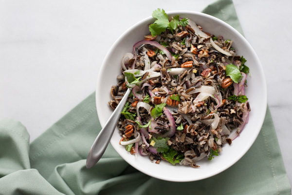Wild Rice Salad with Pecans | BourbonandHoney.com -- This hearty wild rice salad is nutty, citrusy, fresh and delicious. It's a great winter weather side dish!