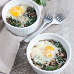 Baked Eggs with Kale and Mushrooms | BourbonandHoney.com -- These creamy, indulgent Baked Eggs with Kale and Mushrooms are perfect for a lazy weekend breakfast. 