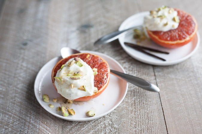 Broiled Grapefruit with Honey Yogurt and Pistachios | BourbonandHoney.com -- Fresh, citrusy and caramelized, this Broiled Grapefruit with Honey Yogurt is a delicious breakfast, snack or sweet treat.