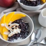 Black Rice Pudding with Coconut and Mango | BourbonandHoney.com Square -- Warm, comforting and delicious, this Black Rice Pudding with Coconut and Mango is perfect for breakfast, a snack or even dessert!