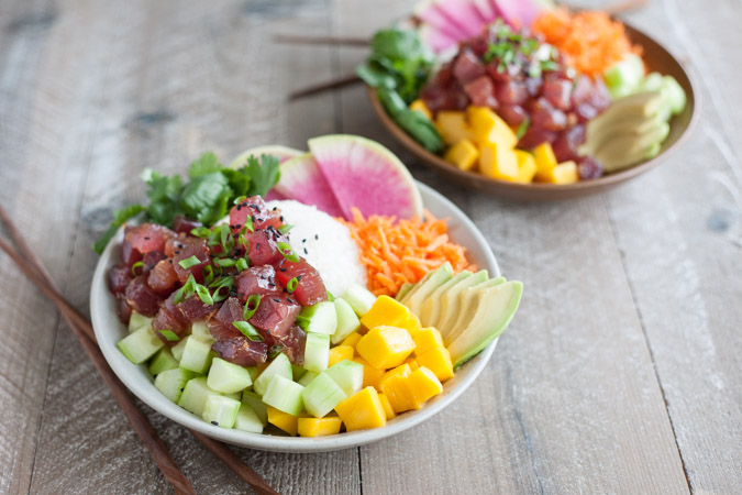 Ahi Tuna Poke Rice Bowl | BourbonandHoney.com -- This Ahi Tuna Poke Rice Bowl is straight from Hawaii! It's packed with fresh toppings and lots of tender tuna for a healthy, flavorful bowl.