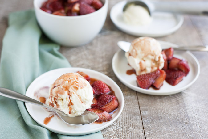 Bourbon and Honey Balsamic Roasted Strawberries and Rhubarb | BourbonandHoney.com -- Sweet, savory and spiked with Bourbon and Honey, this delicious batch of Balsamic Roasted Strawberries and Rhubarb can be served over ice cream or yogurt.