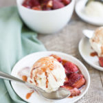 Bourbon and Honey Balsamic Roasted Strawberries and Rhubarb | BourbonandHoney.com -- Sweet, savory and spiked with Bourbon and Honey, this delicious batch of Balsamic Roasted Strawberries and Rhubarb can be served over ice cream or yogurt.