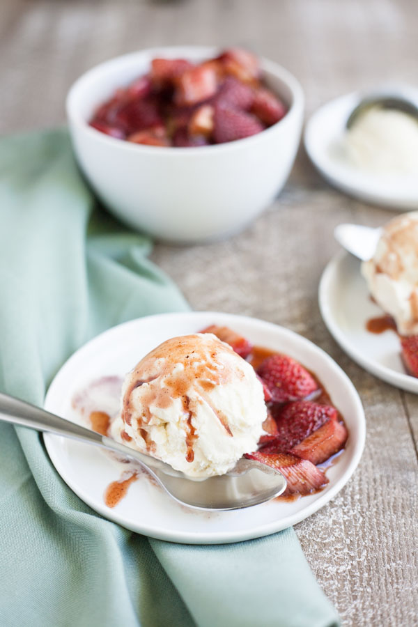 Bourbon and Honey Balsamic Roasted Strawberries and Rhubarb | BourbonandHoney.com -- Sweet, savory and spiked with Bourbon and Honey, this delicious batch of Balsamic Roasted Strawberries and Rhubarb can be served over ice cream or yogurt.