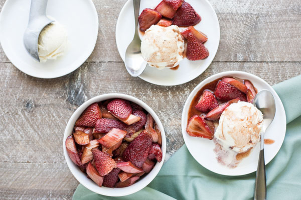 Bourbon and Honey Balsamic Roasted Strawberries and Rhubarb | BourbonandHoney.com -- Sweet, savory and spiked with Bourbon and Honey, this delicious batch of Balsamic Roasted Strawberries and Rhubarb can be served over ice cream or yogurt.