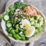 Smoked Salmon Farro Salad Bowls | BourbonandHoney.com -- This Smoked Salmon Farro Salad Bowl is a fresh and hearty recipe packed with tasty toppings and a light garlic-lime vinaigrette.