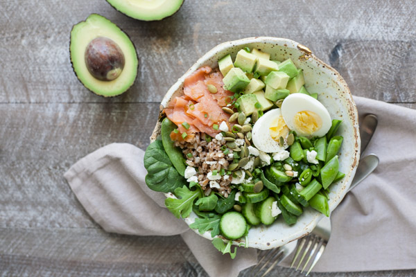 Smoked Salmon Farro Salad Bowls | BourbonandHoney.com -- This Smoked Salmon Farro Salad Bowl is a fresh and hearty recipe packed with tasty toppings and a light garlic-lime vinaigrette.