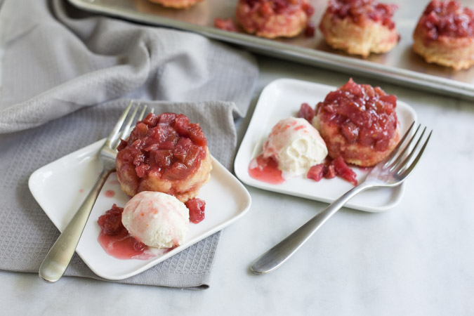 Rhubarb Upside-Down Cupcakes | BourbonandHoney.com --Tangy, tender and slightly sweet, these Rhubarb Upside-Down Cupcakes are an easy and tasty summer treat topped with ice cream!