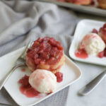 Rhubarb Upside-Down Cupcakes | BourbonandHoney.com --Tangy, tender and slightly sweet, these Rhubarb Upside-Down Cupcakes are an easy and tasty summer treat topped with ice cream!