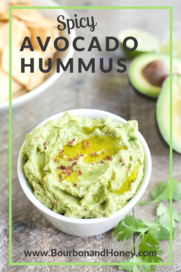 Spicy Avocado Hummus | BourbonandHoney.com -- Rich, creamy and garlicky, this avocado hummus is packed with chickpeas, tahini, a squeeze of lime juice and just the right amount of spice. -- Click through to read the full post or repin to find later! 