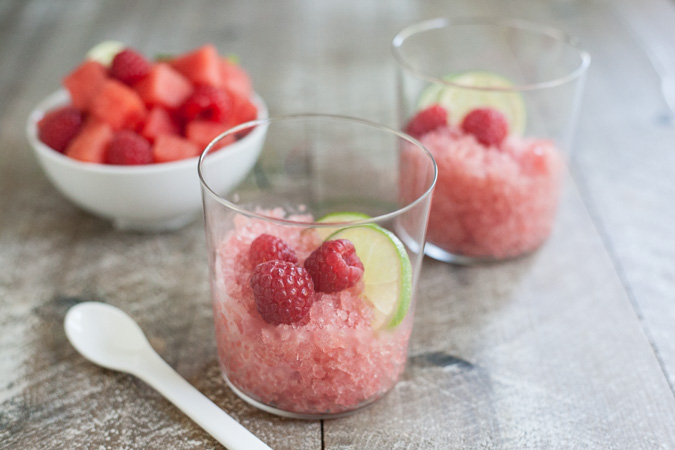 Watermelon Rosé Granita | BourbonandHoney.com -- Frosty, fruity and delicious, this Raspberry Watermelon Rosé Granita is the perfect happy hour or hot summer evening cocktail.