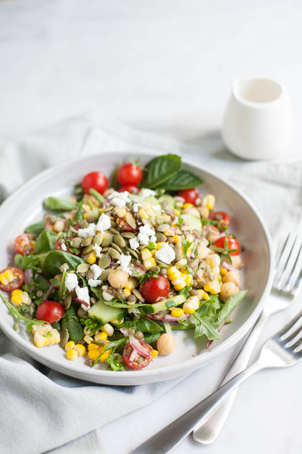 Summer Chickpea and Lentil Salad | BourbonandHoney.com -- Fresh, flavorful and packed with protein, this Summer Chickpea and Lentil Salad is a great way to enjoy the bounty of summer veggies!
