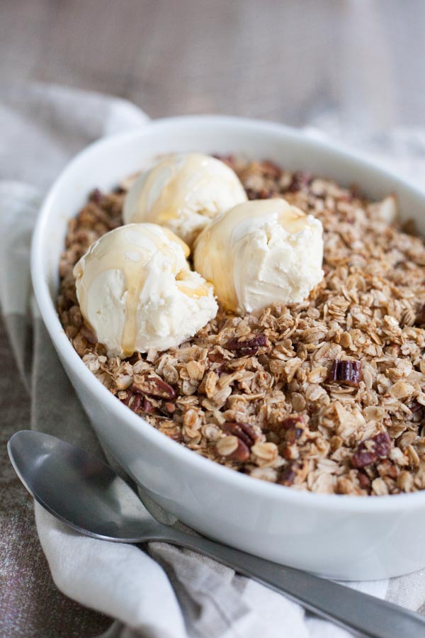 Bourbon and Honey Apple Crisp | BourbonandHoney.com -- Slightly sweet, delicious and totally comforting this easy Bourbon and Honey Apple Crisp is the perfect cold weather dessert!