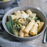 Creamy Pumpkin Alfredo Pasta with Kale | BourbonandHoney-com -- Rich, creamy and totally comforting, this Creamy Pumpkin Alfredo Pasta with Kale is a quick and flavorful weeknight dinner.