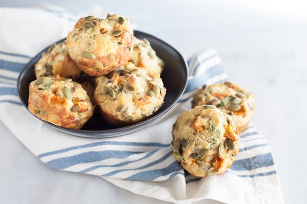 Spinach Feta and Sweet Potato Muffins | BourbonandHoney.com -- Hearty, savory and quick to make, these Spinach, Feta and Sweet Potato Muffins are a great make-ahead brunch or veggie packed snack.