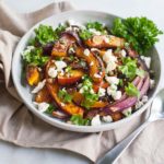 Spicy Roasted Pumpkin with Honey and Feta | BourbonandHoney.com -- This Spicy Roasted Pumpkin recipe is a quick and easy gluten free side dish with sweet caramelized honey, feta cheese and pumpkin seeds.