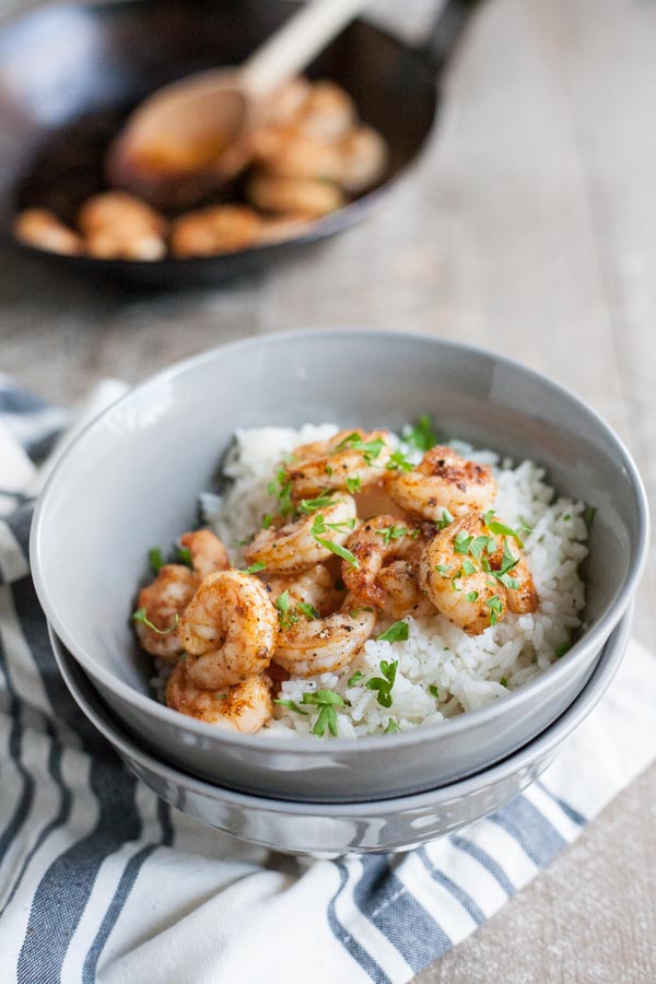 15-Minute Spicy Shrimp and Rice | BourbonandHoney.com -- This super simple 15-minute spicy shrimp and rice is one of the best last minute dinner recipes around! Bonus, it's even gluten free!