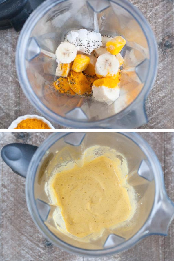 Coconut Mango Turmeric Smoothie | BourbonandHoney.com -- This Coconut Mango Turmeric Smoothie is packed with coconut, mango, banana and turmeric for a fruity snack or super healthy start to your day!