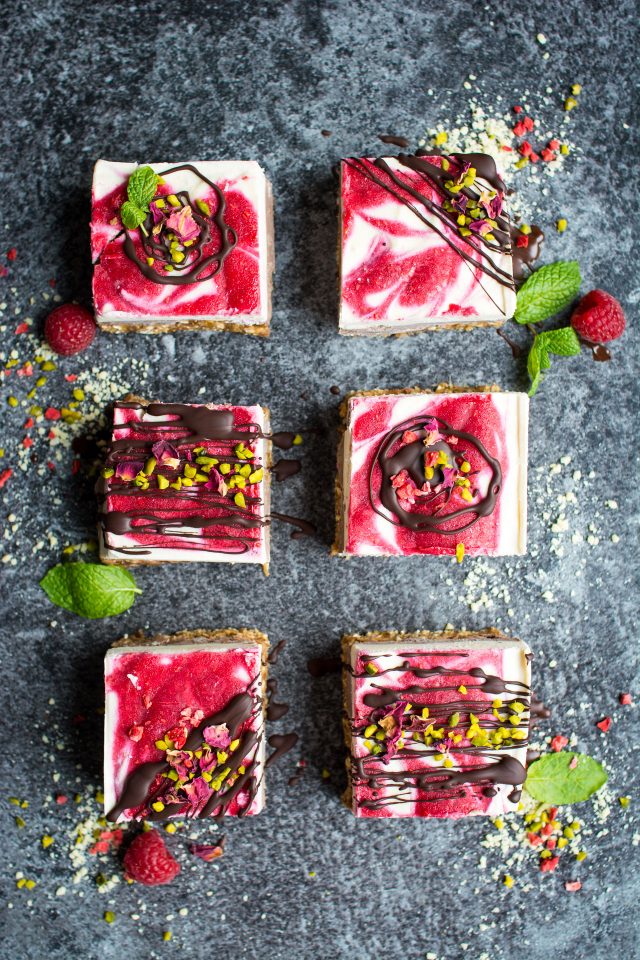 Raspberry Ripple and Chocolate Raw Cheesecake Bars | Lauren Caris Cooks