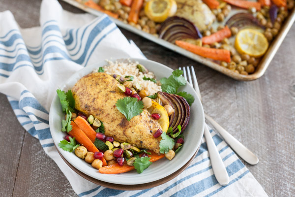 Sheet Pan Moroccan Spiced Chicken | BourbonandHoney.com -- This super easy Sheet Pan Moroccan Spiced Chicken recipe is a dinner win! It's fresh, quick and flavorful enough to get your out of a recipe rut!