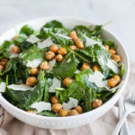 Baby Kale Salad with Crispy Parmesan Chickpeas | BourbonandHoney.com -- Simple, flavorful and impossibly easy, this Baby Kale Salad with Crispy Parmesan Chickpeas recipe is my go-to for both weeknight meals and dinner parties.