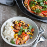 Easy Skillet Chicken with Black Beans and Corn | BourbonandHoney.com -- Spicy, delicious and on the table in 20 minutes, this Easy Skillet Chicken recipe is a serious weeknight winner and a quick family favorite!