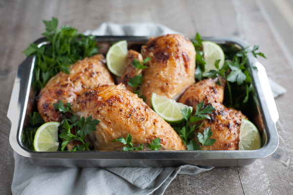 Bourbon and Honey Roasted Spatchcock Chicken | BourbonandHoney.com -- Sweet, subtly boozy and super easy, this Bourbon and Honey Roasted Spatchcock Chicken is the perfect roast chicken recipe for a crowd!